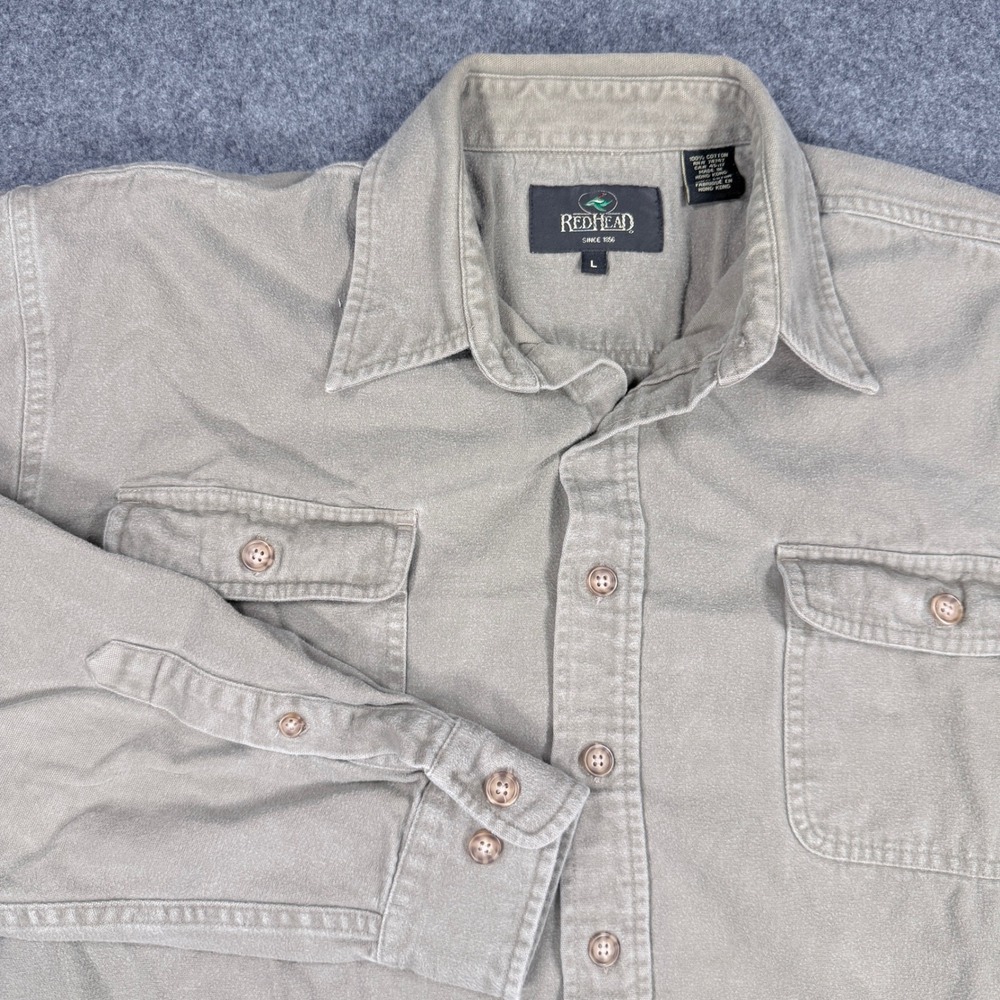 RedHead Mens Tan Khaki Cotton Canvas Button Up Shirt L Long Sleeve Workwear L
